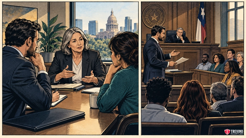Two images: Left, a serious business meeting with three people at a table, the Texas Capitol visible through the window. Right, a courtroom scene with a lawyer addressing a diverse jury, the judge presiding and a Texas flag in the background.