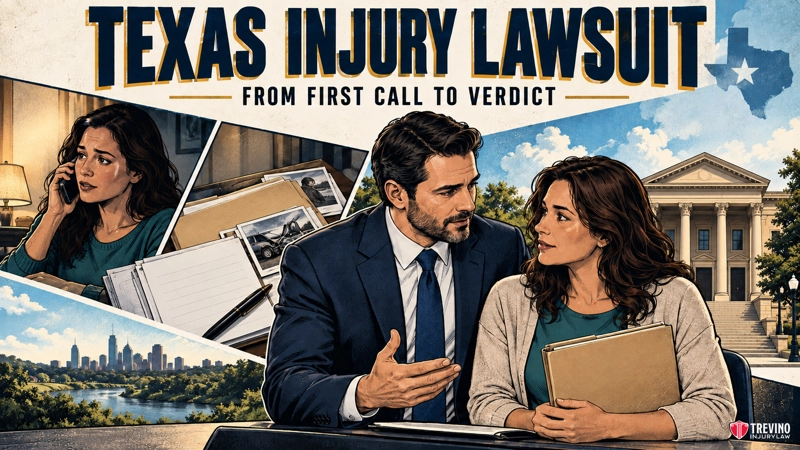 A woman consults with a lawyer holding documents. Insets show her on the phone and evidence photos. In the background are a courthouse, Texas outline, and city skyline. The text reads “Texas Injury Lawsuit: From First Call to Verdict.”.