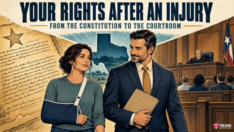 A woman with an arm sling speaks with a man in a suit holding a folder. Behind them are a courtroom scene, the Texas flag, courthouse, constitution text, and the words “YOUR RIGHTS AFTER AN INJURY: FROM THE CONSTITUTION TO THE COURTROOM.”.