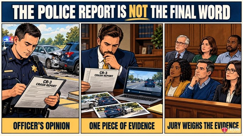 A comic-style graphic titled “The police report is not the final word” shows three scenes: a police officer writing a crash report, a lawyer reviewing digital evidence, and a diverse jury listening in a courtroom. The text labels the stages as Officer’s Opinion, One Piece of Evidence, and Jury Weighs the Evidence.