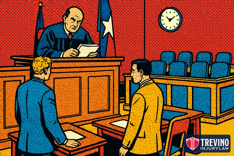 Comic-style illustration of a Texas judge reviewing motions at the bench while two lawyers stand at counsel tables beside an empty jury box, representing the pretrial motions and trial setting that follow discovery in a personal injury lawsuit.