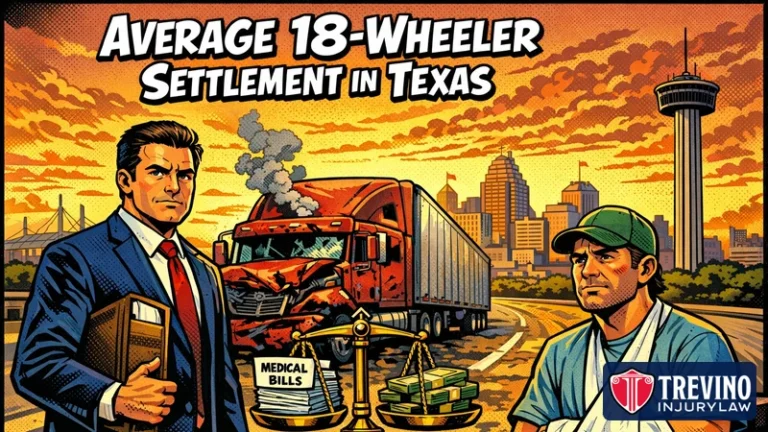 Comic-style illustration of a trial lawyer and an injured driver in an arm sling beside a damaged red semi-truck on a San Antonio highway, with a scale weighing medical bills against cash and the headline Average 18-Wheeler Settlement in Texas.