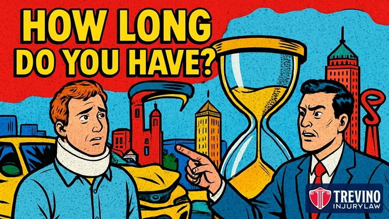 Pop-art comic illustration headlined How long do you have, showing an injured driver in a neck brace beside a crashed car in San Antonio while a lawyer points to a running hourglass, representing the Texas car accident claim deadline