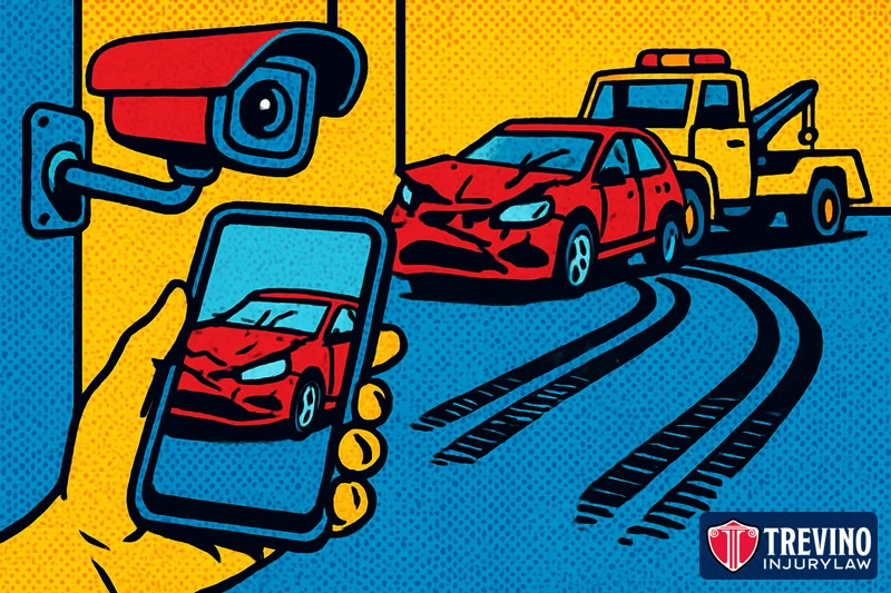 Comic pop-art illustration of a security camera, a phone photographing a damaged red car, skid marks, and a tow truck hauling the wreck away, showing how car accident evidence disappears long before the Texas filing deadline