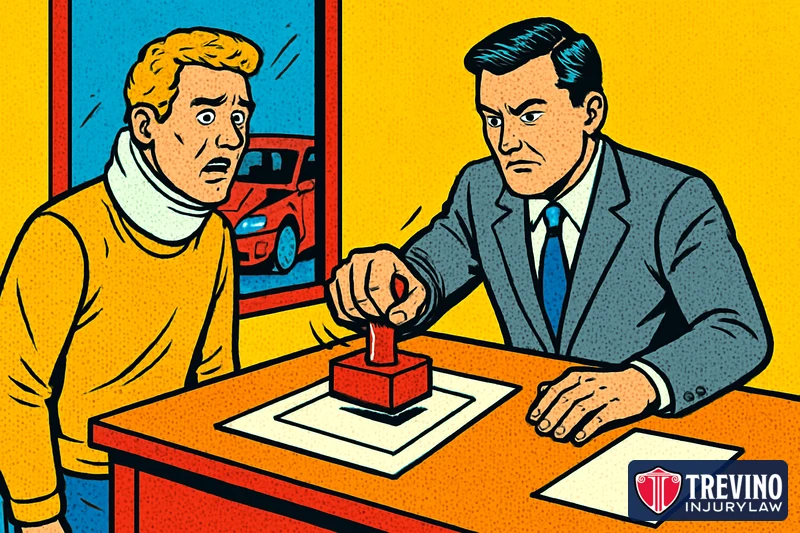 Comic-style illustration of an insurance adjuster slamming a red stamp on a claim form while a frustrated injured driver in a neck brace looks on, representing why insurers deny or delay car accident claims in Texas.
