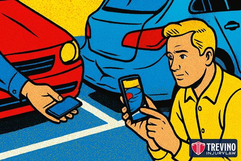 Comic-style illustration of a driver photographing a dented bumper after a minor parking lot crash while a witness shares contact details on a phone, showing how to document a car accident when no police report is taken.