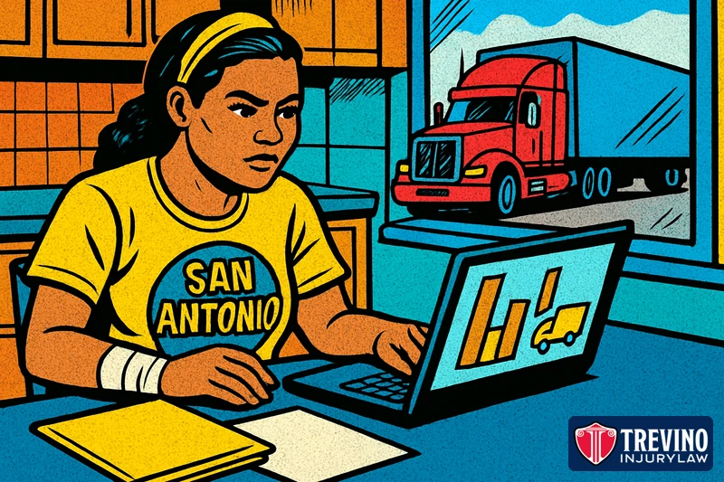 Comic-style illustration of an injured San Antonio woman with a bandaged wrist researching a trucking company's safety record on her laptop, with charts on screen and a red semi-truck visible through the kitchen window.