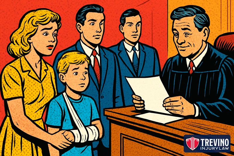 Comic-style illustration of a mother and her son with an arm in a sling standing before a judge who reviews papers, with lawyers beside them, representing court approval of a child’s car accident settlement in Texas.