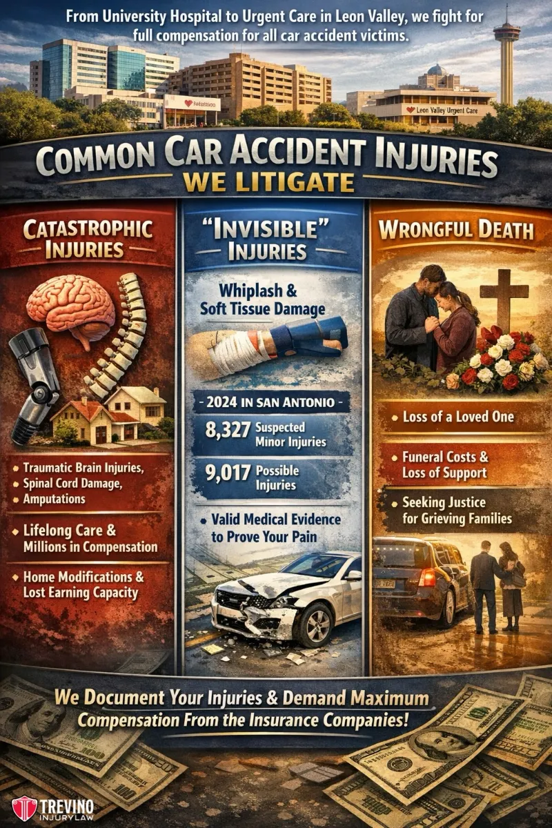 A legal ad for car accident injuries shows three sections: catastrophic injuries, "invisible" injuries, and wrongful death. It lists types of injuries, statistics, and compensation details. Background has medical imagery, icons, and city skyline; Trevino Injury Law logo at bottom.
