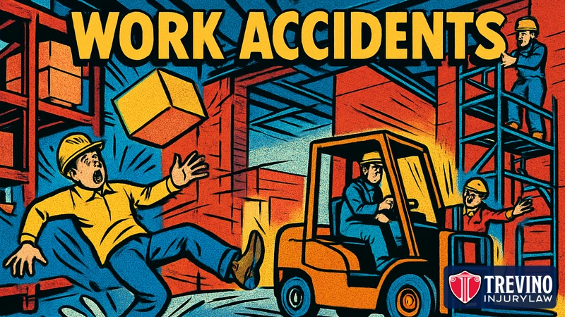 Pop-art comic illustration headlined Work Accidents, showing a warehouse worker slipping as a box falls from a shelf, a forklift rounding a blind corner, and a worker on scaffolding