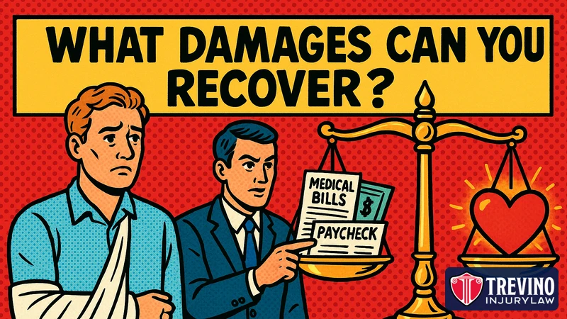 Comic-style illustration of an injured man in an arm sling and his lawyer beside a balance scale weighing medical bills and a paycheck against a red heart, representing economic and non-economic damages in a Texas personal injury case.