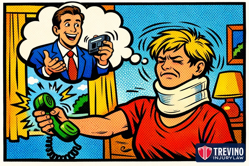 Comic-style illustration of an injured person in a neck brace holding a ringing phone away and refusing the call, with a thought bubble showing a smiling insurance adjuster holding a tape recorder.