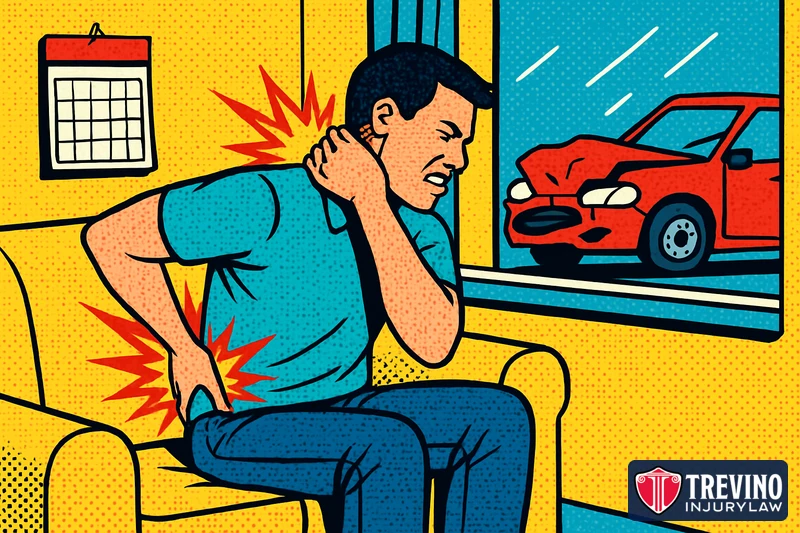Pop-art comic illustration of a driver at home the day after a rear-end collision holding their neck and lower back as delayed pain flares, with the damaged car visible through the window, showing why back pain can appear days after a crash