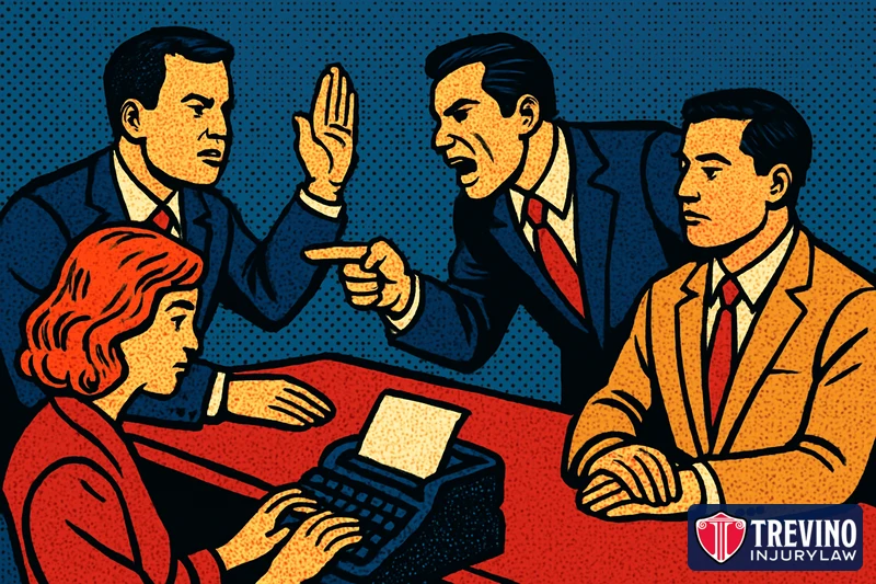 Comic illustration of a deposition where the plaintiff’s lawyer raises a hand to object as the opposing attorney leans in with an aggressive question, while a court reporter keeps typing the record