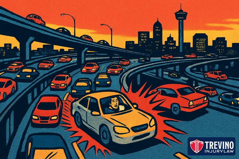 Comic illustration of a busy San Antonio highway interchange at sunset where a distracted driver lit by a phone screen swerves out of the lane toward another car, with the downtown skyline behind