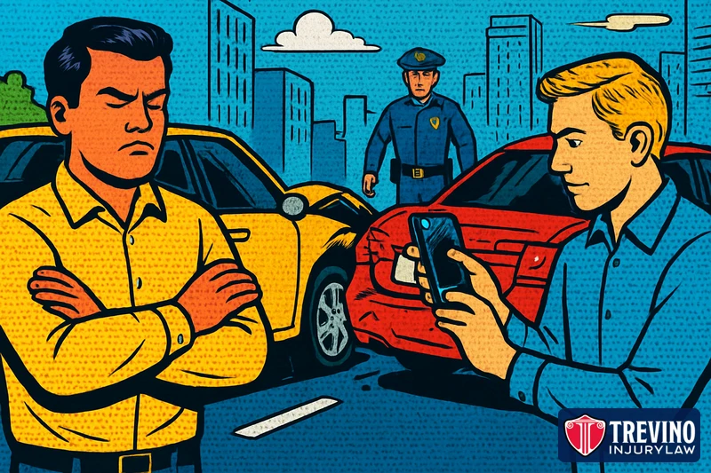 Comic-style illustration of an uncooperative driver with crossed arms refusing to share information after a crash while the other driver photographs the damaged vehicles and a police officer approaches, showing what to do when a driver will not exchange information.