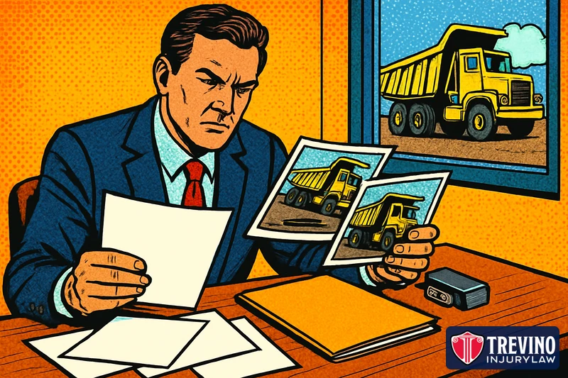 Comic-style illustration of a trial lawyer reviewing documents, photographs of a dump truck and an electronic data module as evidence from a dump truck crash.
