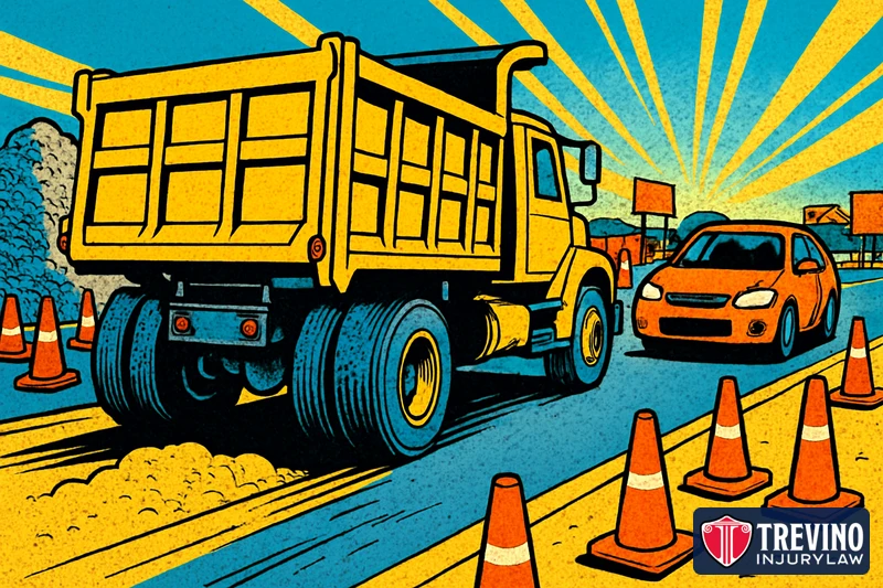 Comic-style illustration of a dump truck pulling out of a road construction zone lined with orange cones while a small car sits in the truck's blind spot.
