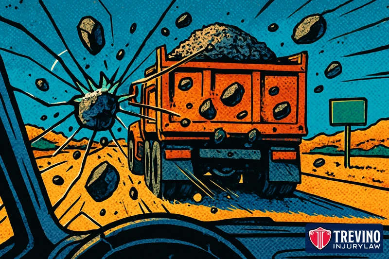 Comic-style illustration seen from inside a car as rocks fly off the uncovered bed of a dump truck on a Texas highway and crack the windshield.