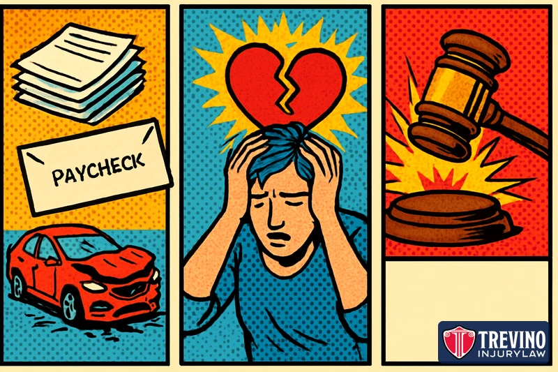 Three comic panels showing the types of personal injury damages: a stack of bills, a paycheck and a damaged car for economic losses, a distressed person under a broken heart for non-economic harm, and a judge’s gavel for exemplary damages.