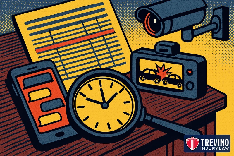 Comic illustration of evidence used to prove a driver was texting: a smartphone with message bubbles, a phone billing record with a highlighted line, a dash cam showing a collision, a security camera, and a magnifying glass over a clock