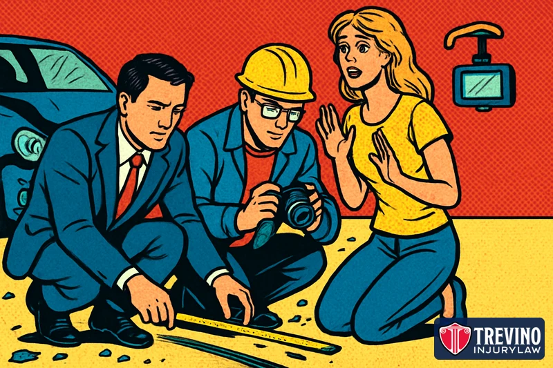 Comic-style illustration of a lawyer and an accident reconstruction expert measuring skid marks and photographing debris at a crash scene while a witness describes the collision, showing the evidence used to prove fault in a Texas car accident.