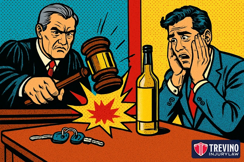 Comic-style illustration of a stern judge striking a gavel beside a worried man in a suit, with car keys and an unlabeled bottle on the table, representing exemplary damages awarded for gross negligence such as drunk driving.