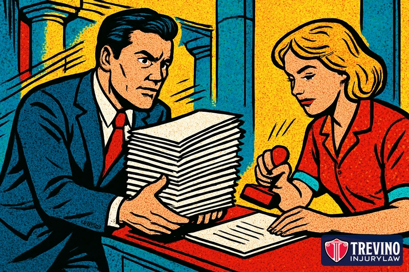 Comic pop-art illustration of an attorney handing a stack of legal papers to a courthouse clerk who stamps them, showing a Texas car accident lawsuit being filed before the two-year statute of limitations runs out