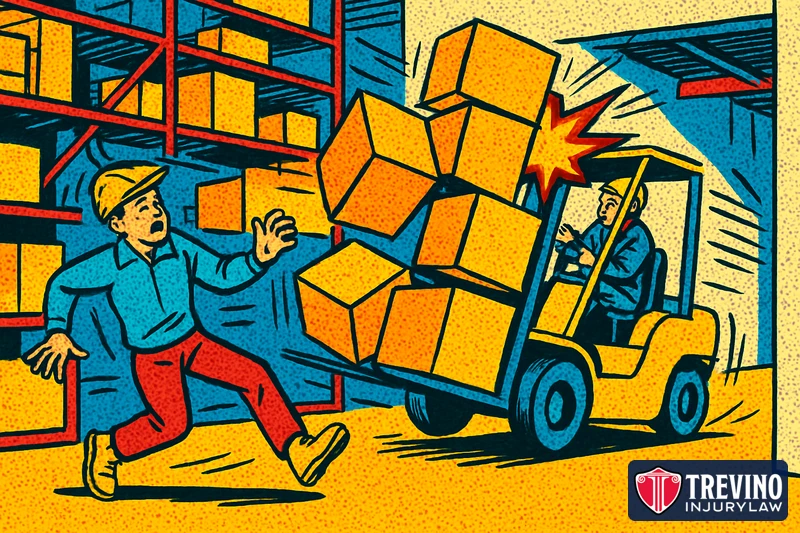 Comic-style illustration of a forklift tipping while carrying an unstable stack of boxes in a warehouse as a worker on foot jumps out of the way, showing common causes of forklift accidents such as overloading and sharp turns.