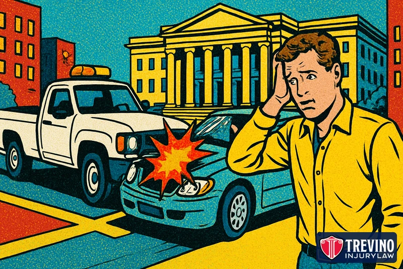 Comic pop-art illustration of a white city work truck that crashed into a sedan near a government building, with the worried driver standing nearby, showing why crashes with San Antonio government vehicles have short notice deadlines