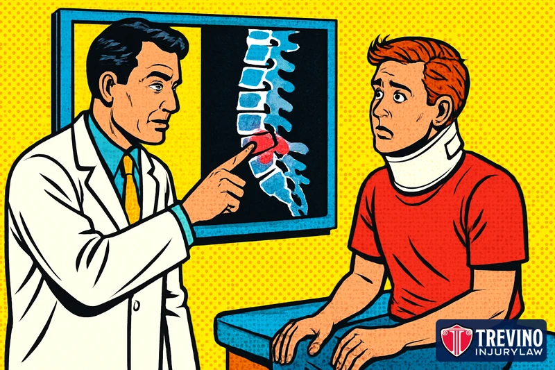 Pop-art comic illustration of a doctor pointing to a glowing herniated disc on a spine scan while an injured car accident patient in a neck brace listens, showing how imaging documents a herniated disc injury for a Texas settlement claim