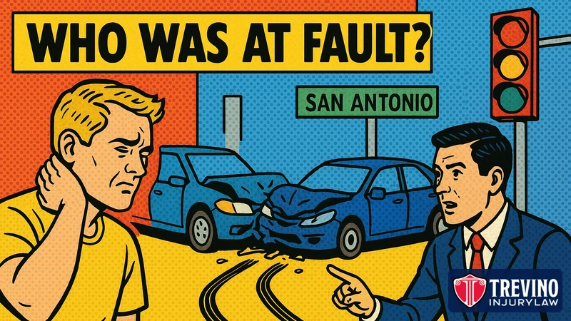 Pop-art comic illustration headlined Who was at fault, showing two damaged cars at a San Antonio intersection, an injured driver holding his neck, and a lawyer pointing to skid marks and the traffic light to show how fault is determined in a car accident.