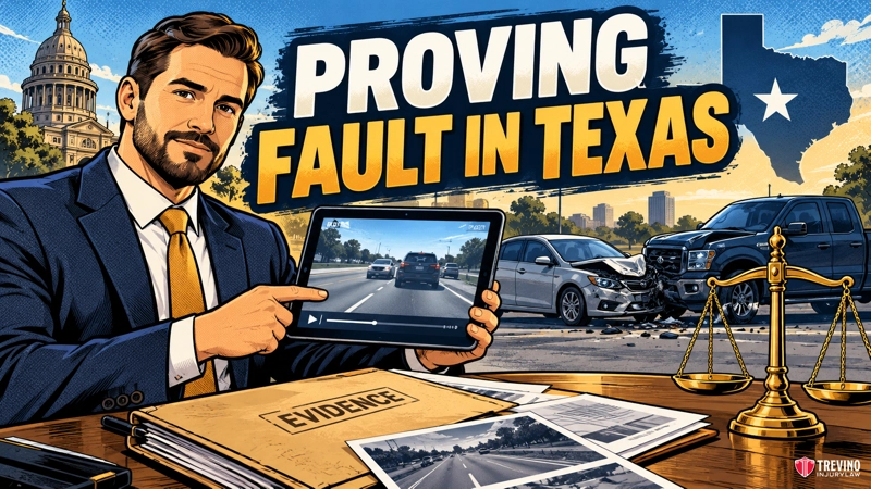 A lawyer points to a tablet showing dashcam footage of a car crash, with a damaged car and truck in the background. The text “PROVING FAULT IN TEXAS” appears above, next to a silhouette of Texas and a golden scale of justice.