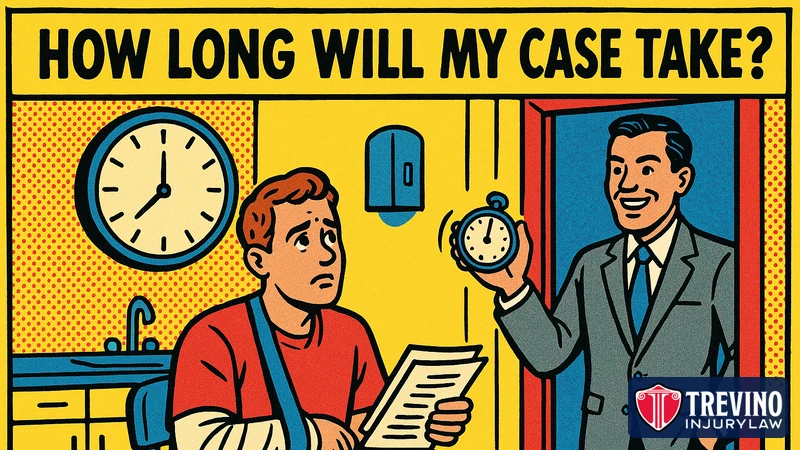 Pop-art comic illustration headlined How long will my case take, showing an injured person in an arm sling holding paperwork and watching a wall clock while a smiling insurance adjuster waits in the doorway with a stopwatch