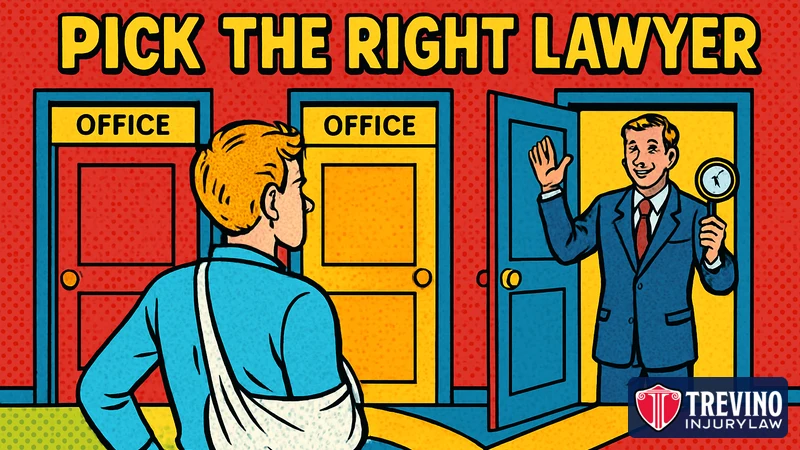 Pop-art comic illustration headlined Pick the Right Lawyer, showing an injured person in an arm sling choosing between three office doors as a confident attorney waves from an open door