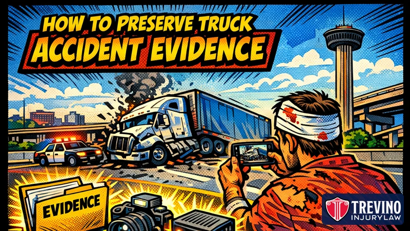 Comic-style illustration of an injured driver photographing a crashed semi-truck on a San Antonio highway near the Tower of the Americas, with an evidence folder, camera and black box module in the foreground and the headline How to Preserve Truck Accident Evidence.