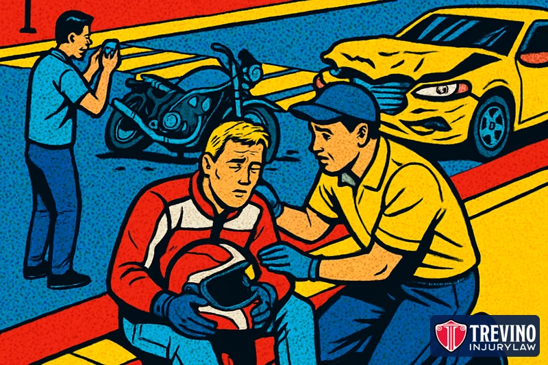 Pop-art comic illustration of an injured motorcyclist sitting on a curb holding a helmet while a responder checks on him and a witness photographs the damaged motorcycle and car