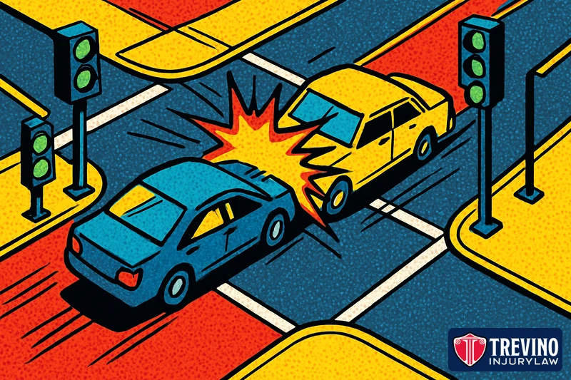Comic-style overhead illustration of a car turning left into the path of an oncoming car with a green light at a city intersection, showing a failure-to-yield crash where Texas traffic law usually places fault on the turning driver.