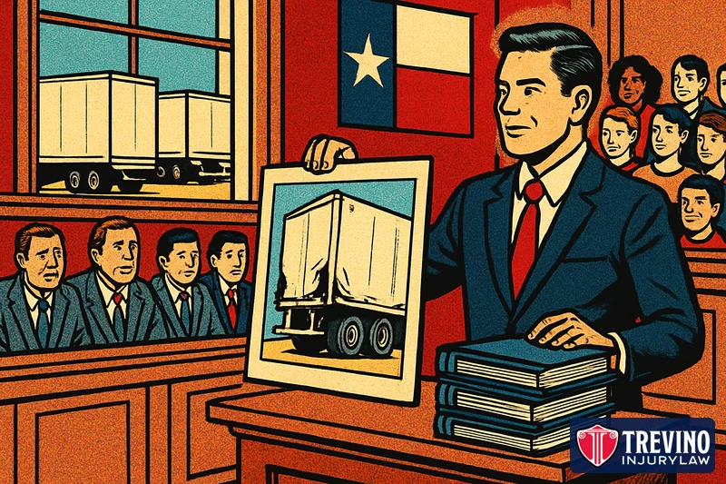 Comic illustration of a trial lawyer in a Texas courtroom showing the jury a photo of a damaged semi-truck trailer and evidence binders while a corporate defense team looks on, with unbranded tractor-trailers visible through the window