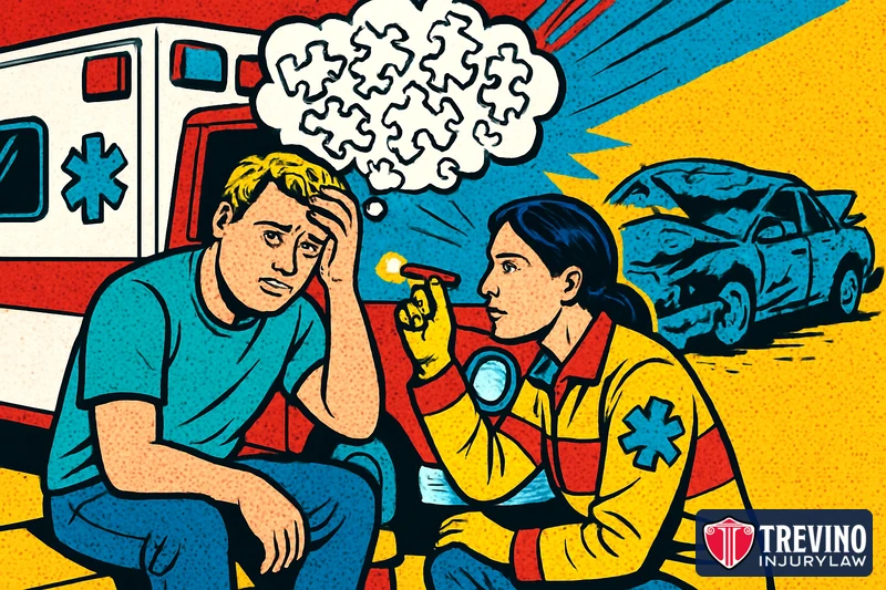 Comic pop-art illustration of a dazed driver sitting at an ambulance after a San Antonio car crash while a paramedic checks his eyes, with blank puzzle pieces above his head showing memory loss from a possible brain injury