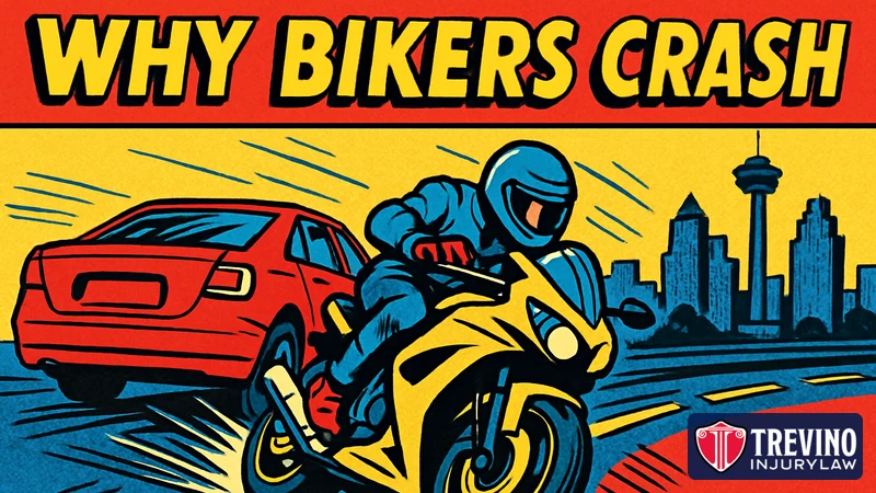 Pop-art comic illustration headlined Why Bikers Crash, showing a motorcyclist leaning hard on a San Antonio highway as a red car cuts into the rider's lane with the city skyline behind