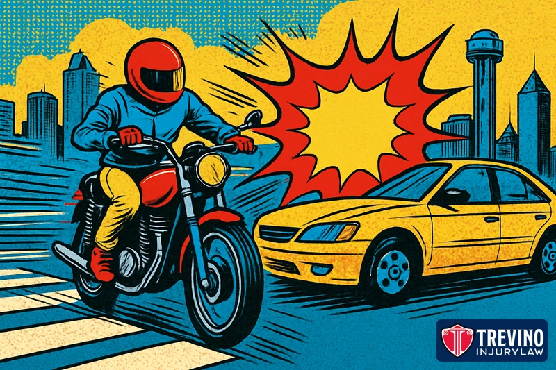 Comic pop-art illustration of a motorcyclist riding through a San Antonio intersection as a car turns left across the rider's path, one of the most common causes of motorcycle accidents in Texas