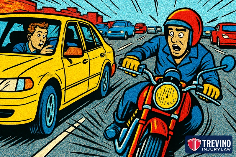 Pop-art comic illustration of a distracted driver looking at a phone drifting into a motorcyclist's lane on a busy highway as the rider brakes hard, showing an unsafe lane change crash