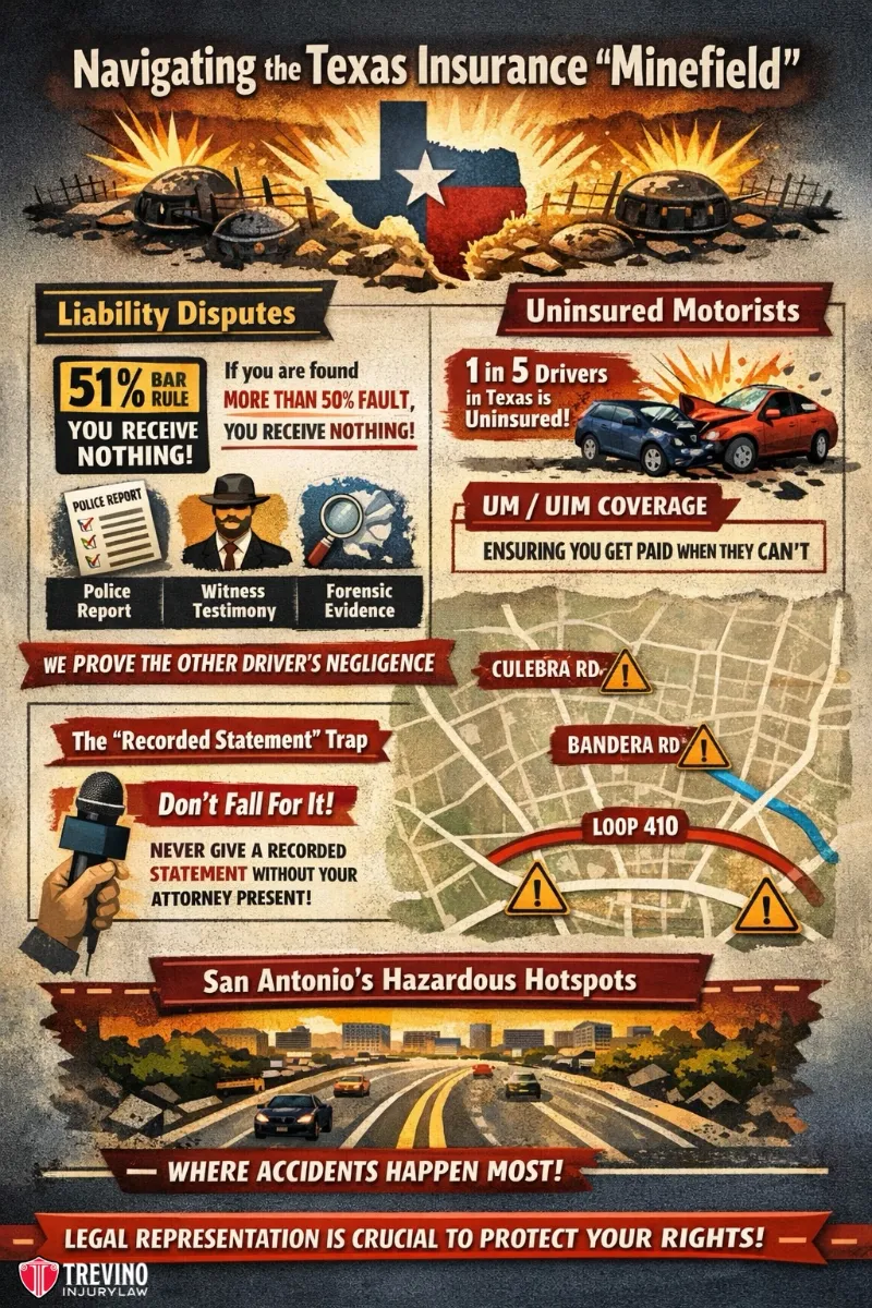 Infographic about Texas insurance pitfalls featuring a Texas map, roads, and hazards. Topics include liability disputes, uninsured motorists, proving negligence, recorded statements, and San Antonio accident hotspots. Emphasizes need for legal help.