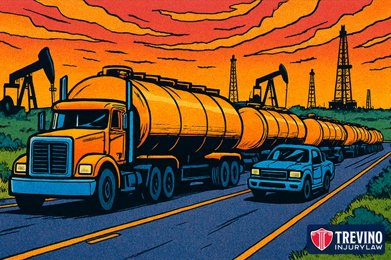Comic-style illustration of a convoy of oilfield tanker trucks on a two-lane South Texas highway at sunset, with pumpjacks and drilling rigs behind them and a pickup truck trying to pass.