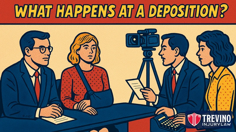 Pop-art comic illustration headlined What Happens at a Deposition, showing an injured woman in an arm sling answering questions beside her lawyer while an opposing attorney, a court reporter, and a video camera record the deposition