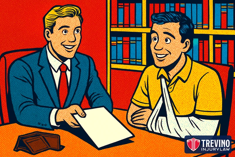 Comic pop-art illustration of a Texas personal injury attorney handing an agreement to an injured client in an arm sling during a free consultation, showing that injury cases are usually handled on a contingency fee with no upfront cost