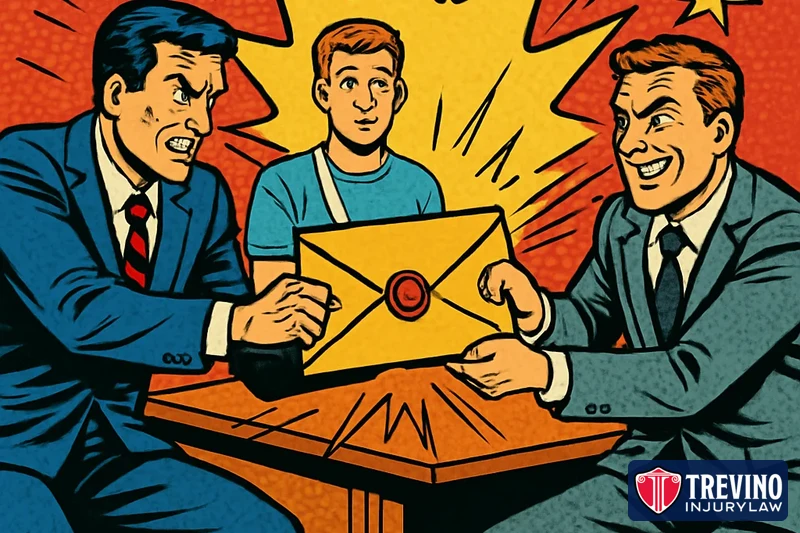 Pop-art comic illustration of a personal injury lawyer and an insurance adjuster in a tug of war over a sealed settlement envelope while the injured client in an arm sling watches, showing how insurers push back on fault, treatment and claim value during negotiation