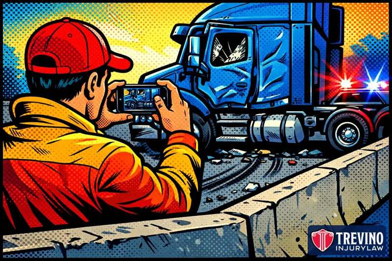 Comic-style illustration of a driver standing behind a concrete highway barrier photographing the damaged cab of a semi-truck, with skid marks, debris and police lights at the crash scene.