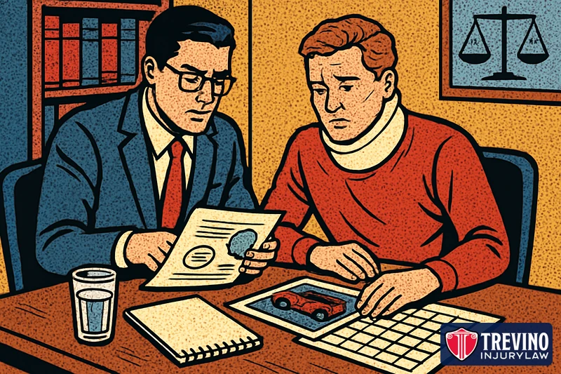 Comic illustration of a lawyer and an injured client in a neck brace reviewing medical records, accident photos, and a calendar together to prepare for a personal injury deposition